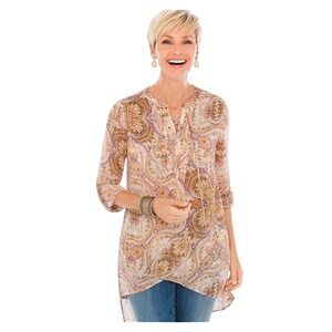 Chico's Mirrored Beauty‎ Lace Up Tunic Top Paisley Roll Tab Sleeves Size 3 = XL